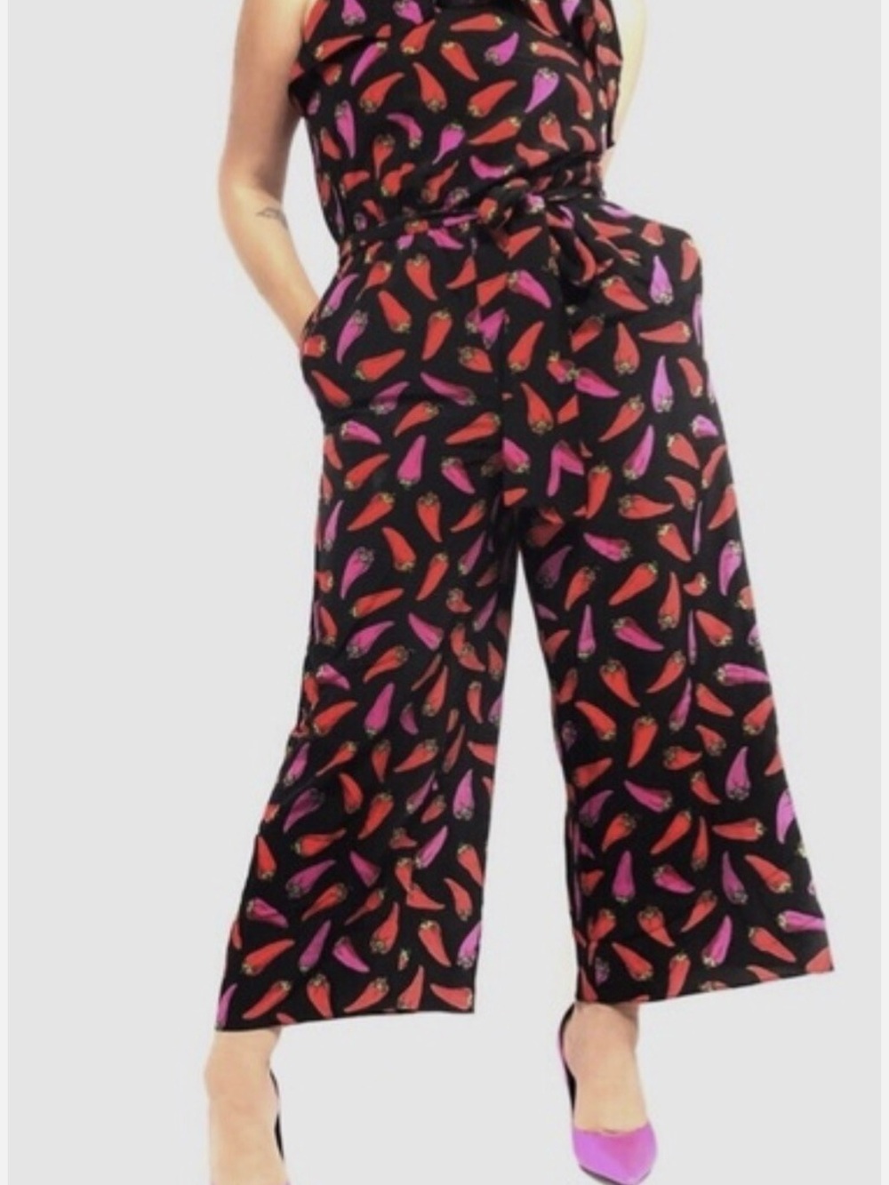 Kate Spade Silk Jumpsuit Hot Pepper Print Cropped Black Multicolor Size 0